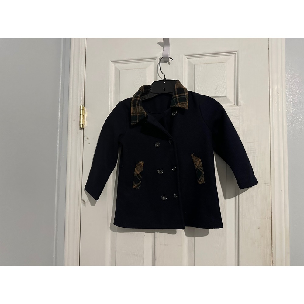 SHEIN Kids Navy Blue Double Breasted Pea Coat with Plaid Collar Size 5Y